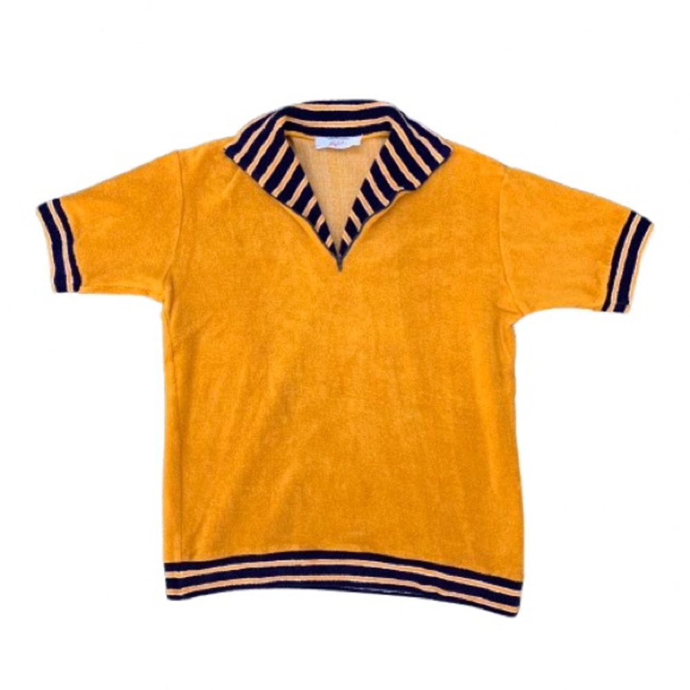 Vintage 70s Terry Cloth Terrycloth Towel Polo Pool Shirt Zip Contrast Collar M/L